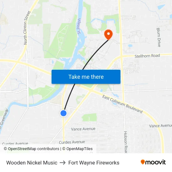 Wooden Nickel Music to Fort Wayne Fireworks map