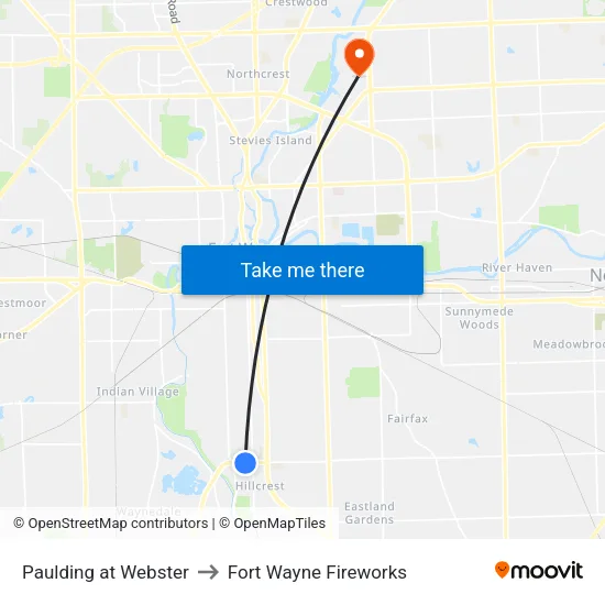 Paulding at Webster to Fort Wayne Fireworks map