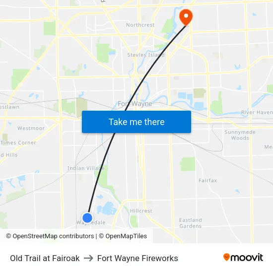 Old Trail at Fairoak to Fort Wayne Fireworks map