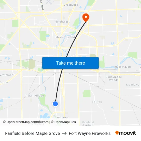 Fairfield Before Maple Grove to Fort Wayne Fireworks map