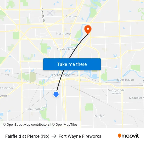 Fairfield at Pierce (Nb) to Fort Wayne Fireworks map