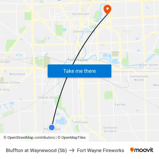 Bluffton at Waynewood (Sb) to Fort Wayne Fireworks map