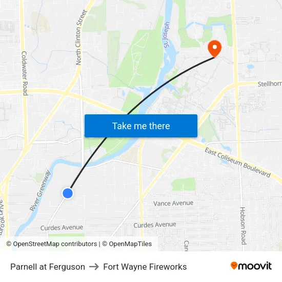 Parnell at Ferguson to Fort Wayne Fireworks map