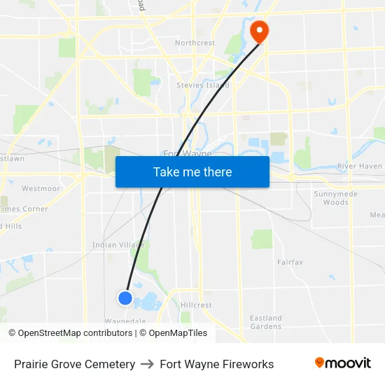 Prairie Grove Cemetery to Fort Wayne Fireworks map