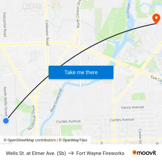 Wells St. at Elmer Ave. (Sb) to Fort Wayne Fireworks map