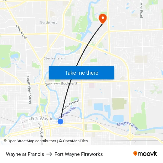 Wayne at Francis to Fort Wayne Fireworks map