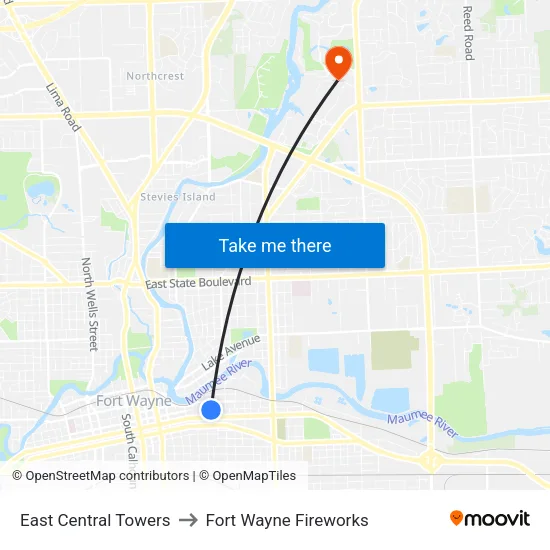 East Central Towers to Fort Wayne Fireworks map