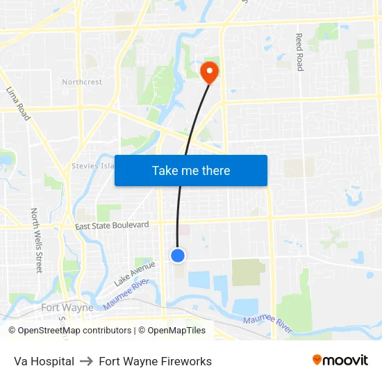 Va Hospital to Fort Wayne Fireworks map