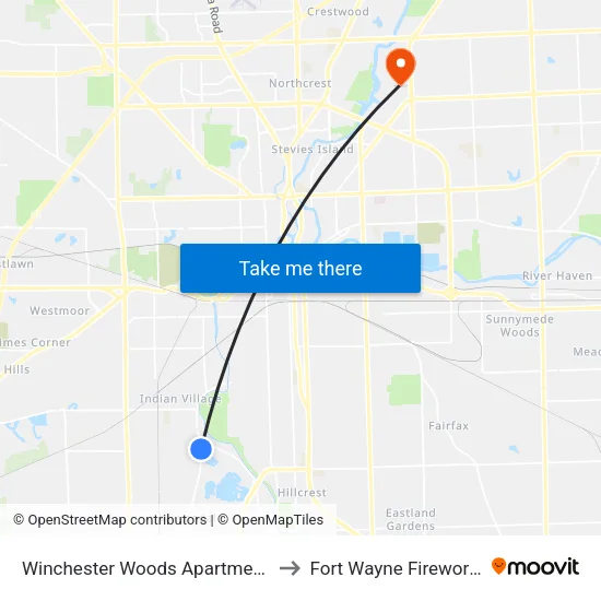 Winchester Woods Apartments to Fort Wayne Fireworks map
