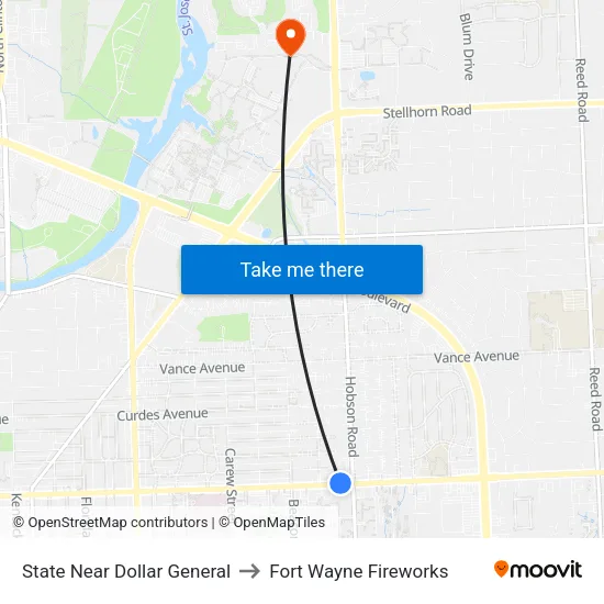 State Near Dollar General to Fort Wayne Fireworks map
