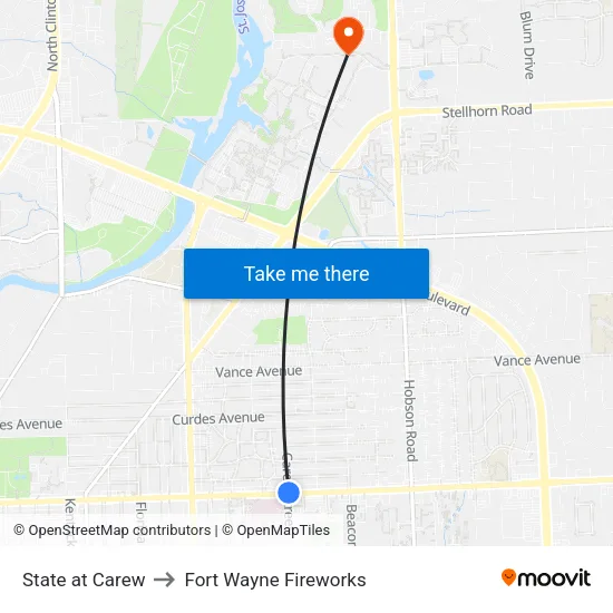 State at Carew to Fort Wayne Fireworks map