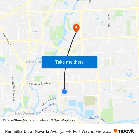 Randallia Dr. at Nevada Ave. (Sb) to Fort Wayne Fireworks map