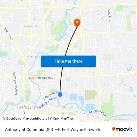 Anthony at Columbia (Sb) to Fort Wayne Fireworks map