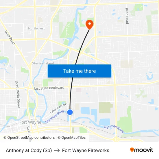 Anthony at Cody (Sb) to Fort Wayne Fireworks map