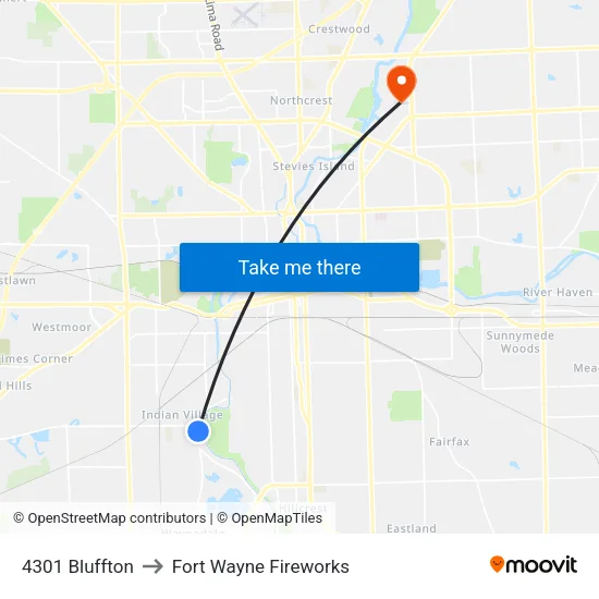 4301 Bluffton to Fort Wayne Fireworks map