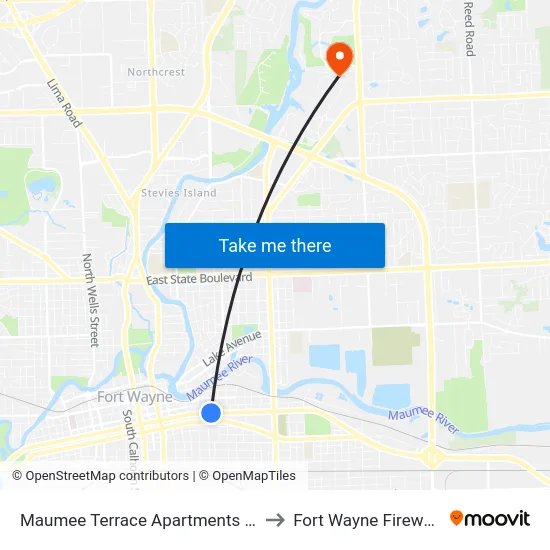 Maumee Terrace Apartments (Wb) to Fort Wayne Fireworks map