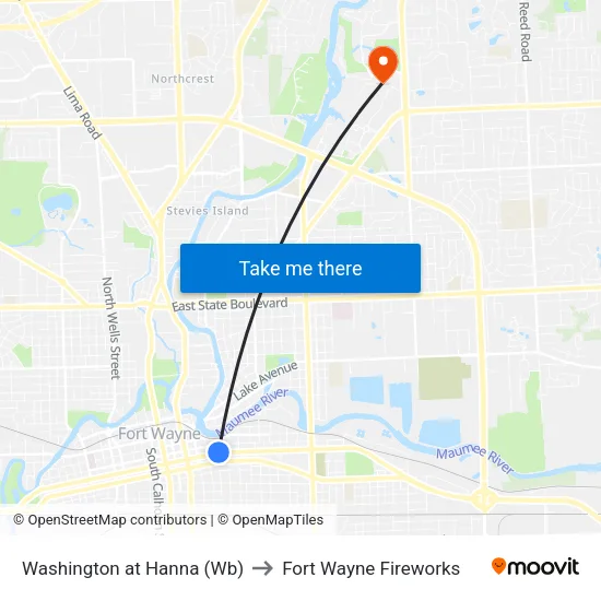 Washington at Hanna (Wb) to Fort Wayne Fireworks map