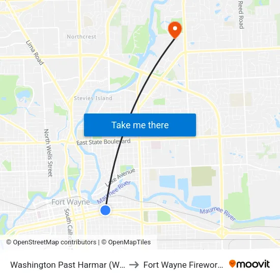 Washington Past Harmar (Wb) to Fort Wayne Fireworks map