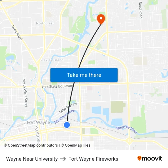 Wayne Near University to Fort Wayne Fireworks map