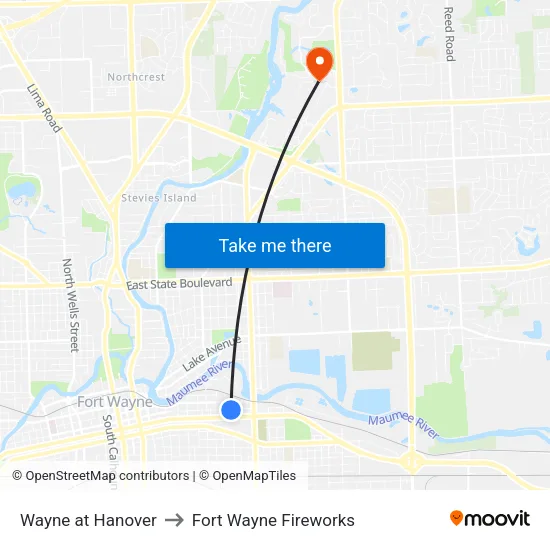 Wayne at Hanover to Fort Wayne Fireworks map