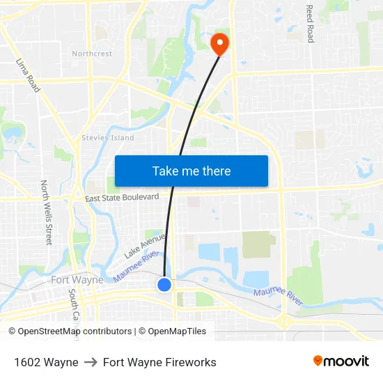 1602 Wayne to Fort Wayne Fireworks map