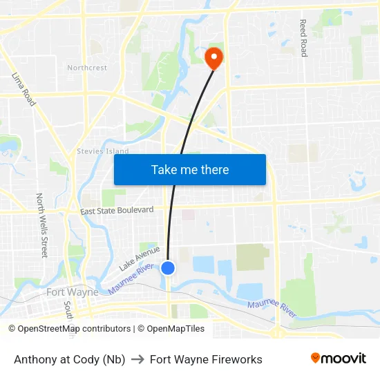 Anthony at Cody (Nb) to Fort Wayne Fireworks map