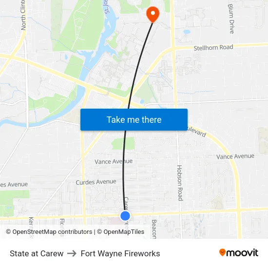 State at Carew to Fort Wayne Fireworks map