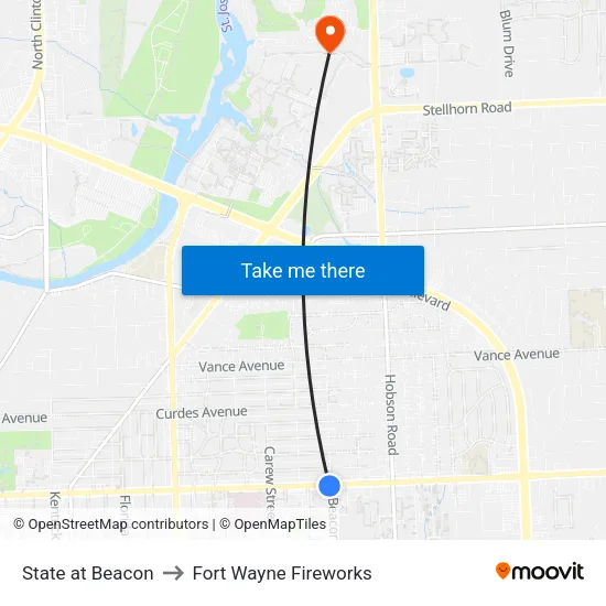 State at Beacon to Fort Wayne Fireworks map