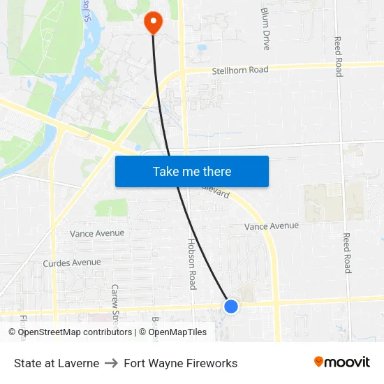 State at Laverne to Fort Wayne Fireworks map