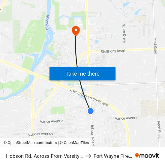 Hobson Rd. Across From Varsity Lane (Sb) to Fort Wayne Fireworks map