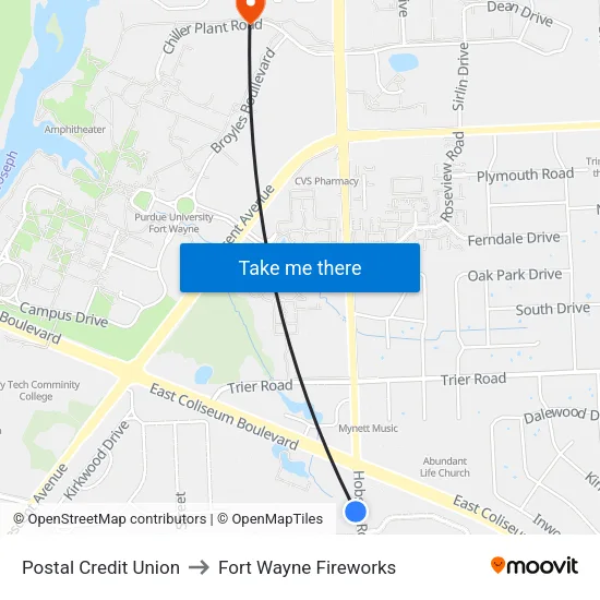 Postal Credit Union to Fort Wayne Fireworks map