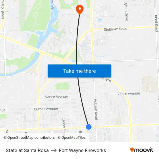 State at Santa Rosa to Fort Wayne Fireworks map