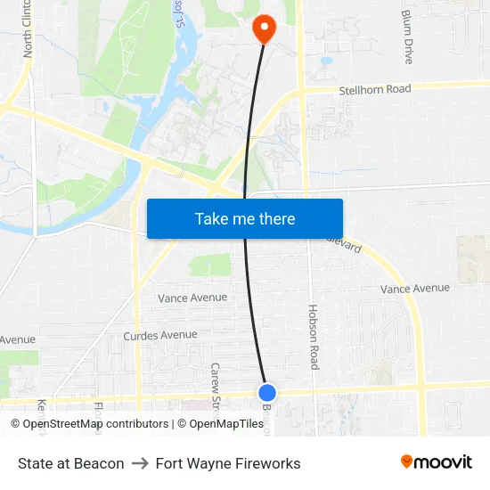 State at Beacon to Fort Wayne Fireworks map