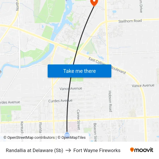 Randallia at Delaware (Sb) to Fort Wayne Fireworks map