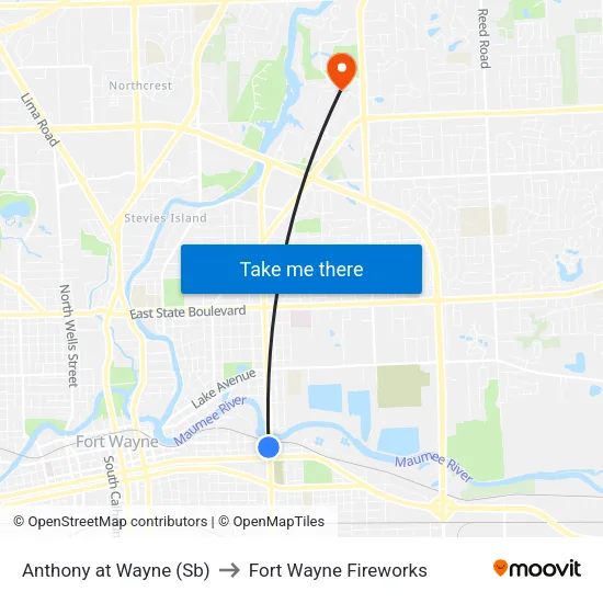 Anthony at Wayne (Sb) to Fort Wayne Fireworks map