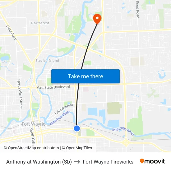 Anthony at Washington (Sb) to Fort Wayne Fireworks map