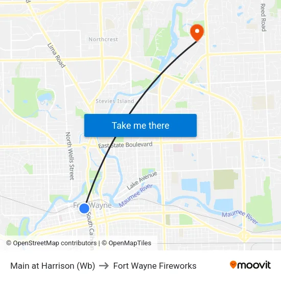 Main at Harrison (Wb) to Fort Wayne Fireworks map