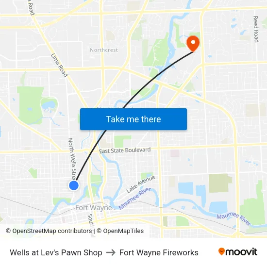 Wells at Lev's Pawn Shop to Fort Wayne Fireworks map