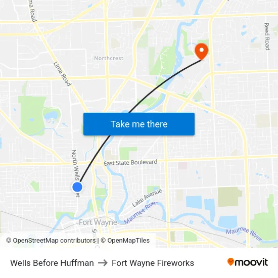 Wells Before Huffman to Fort Wayne Fireworks map