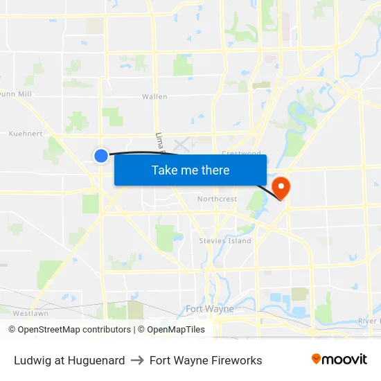 Ludwig at Huguenard to Fort Wayne Fireworks map