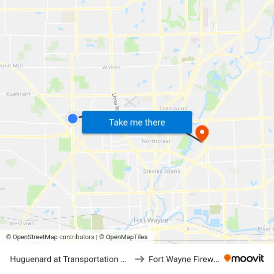 Huguenard at Transportation Dr (Nb) to Fort Wayne Fireworks map