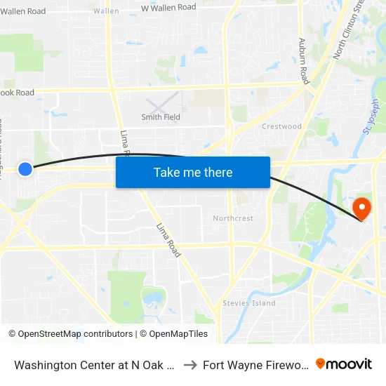 Washington Center at N Oak Blvd to Fort Wayne Fireworks map