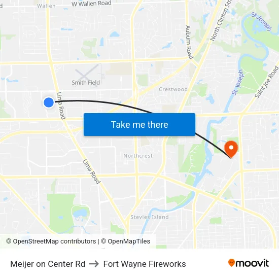 Meijer on Center Rd to Fort Wayne Fireworks map