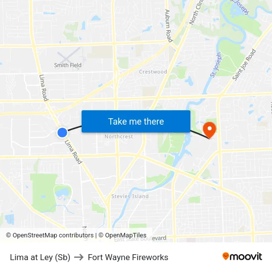 Lima at Ley (Sb) to Fort Wayne Fireworks map