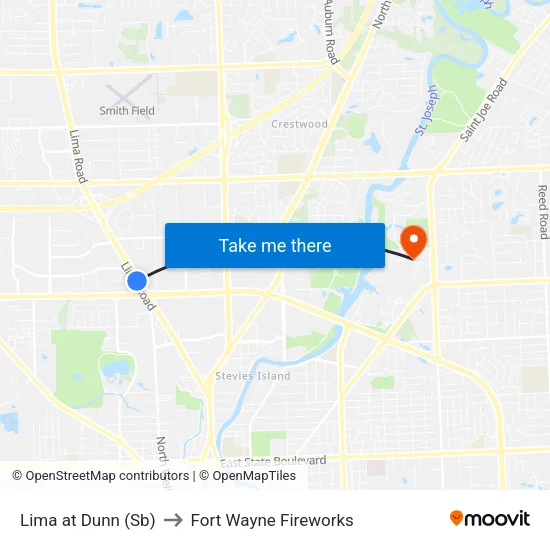 Lima at Dunn (Sb) to Fort Wayne Fireworks map