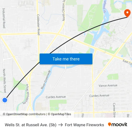 Wells St. at Russell Ave. (Sb) to Fort Wayne Fireworks map