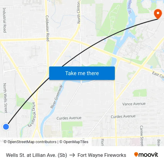 Wells St. at Lillian Ave. (Sb) to Fort Wayne Fireworks map