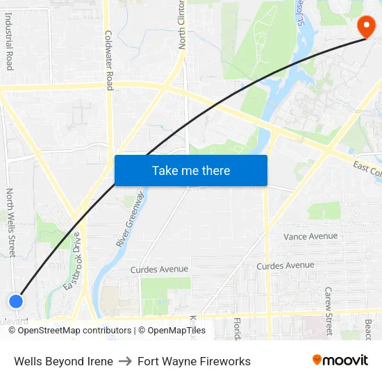 Wells Beyond Irene to Fort Wayne Fireworks map