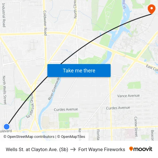 Wells St. at Clayton Ave. (Sb) to Fort Wayne Fireworks map