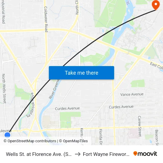 Wells St. at Florence Ave. (Sb) to Fort Wayne Fireworks map